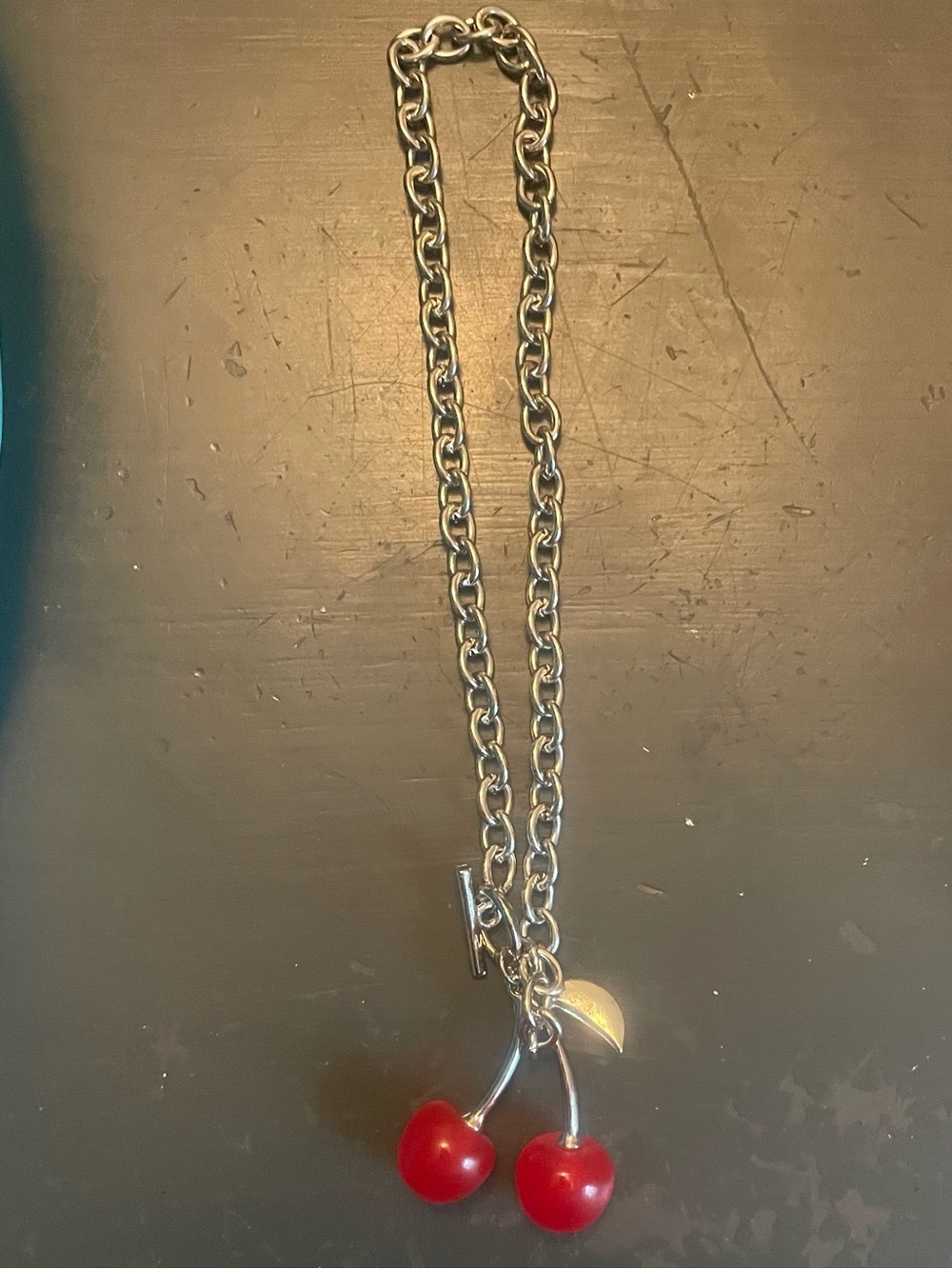 Cherry Pendant Necklace Silver Tone Chain Rock n Roll Choker Red Cherries  Charm